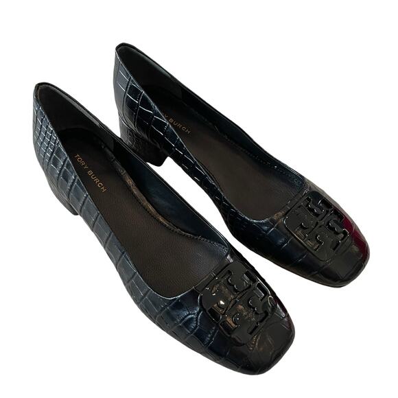 TORY BURCH Women Croc Leather Georgia Pump 25mm Black Size 7.5 New In Box - Picture 12 of 16